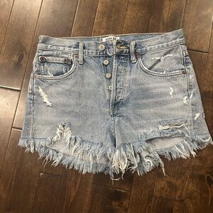 Agolde Light Blue Frayed Jean Shorts